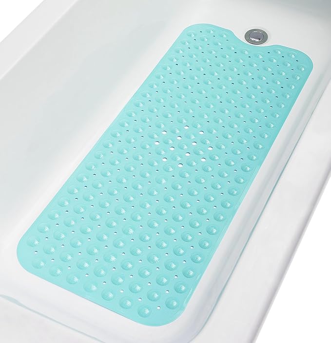 Extra-Long Non-Slip Bathtub & Shower Mat 39”x16” (Smooth/Non-Textured Tubs Only) Safe, Clean, Machine-Washable, Superior Grip&Drainage, Vinyl, Opaque Aqua/Blue-Green