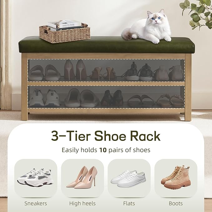 Zihanhome Shoe Rack Bench with Leather Cushion, 2 Tier Solid Wood Storage Bench, Mid-Century Modern Shoe Bench for Entryway, Hallway, Closet, Front Door Entrance, Foyer (Green, 46.5)