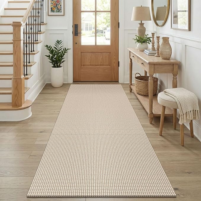 KOZYFLY Runners for Hallways 3x8 ft Washable Kitchen Runner Non Slip Rubber Backed Hall Runners Cotton Entryway Runner Rugs for Indoor Backdoor Bedroom Kitchen, Ivory/Camel/Brown
