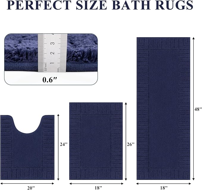 Pauwer Bathroom Rugs Sets 3 Piece Bathroom Shower Rugs with U-Shaped Contour Toilet Mat Absorbent Microfiber Plush Bath Mats Non Slip Bath Rugs Machine Washable Shaggy Bath Mat Set, Navy