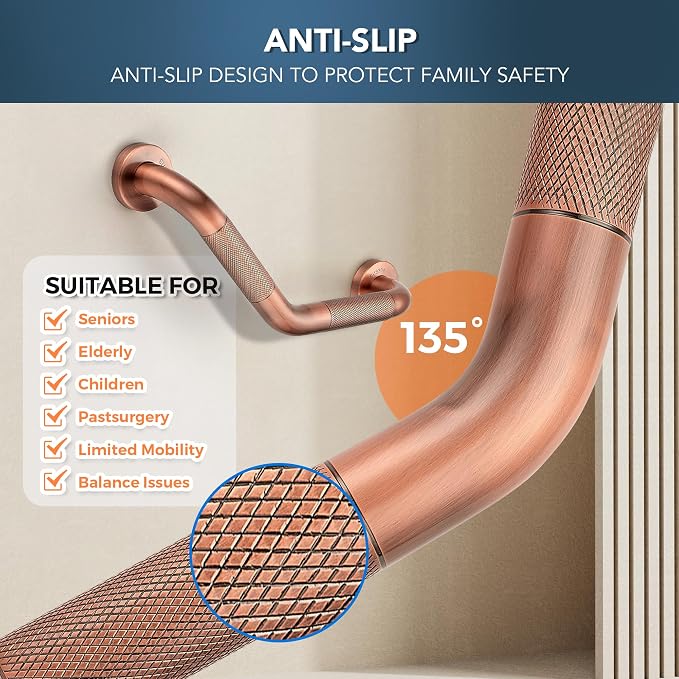 Grab Bars for Bathtubs and Showers- 1-1/4 x 16 Angled Shower Grab Bar for Seniors Knurled Stainless Steel Handicap Grab Bars for Wall (Antique Copper, 2 Pack)