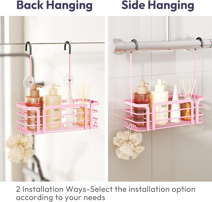 SWTYMIKI Shower Caddy Hanging Organizer - Over the Door Shower Caddy with 6 Hooks, 2 Installation Ways, Stainless Steel Rustproof Bathroom Organizer, Pink Small