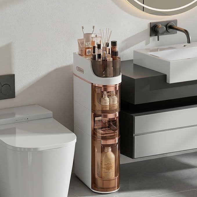VECELO 3-Tier Slim Bathroom Storage Cabinet with Wheels, Skinny Bathroom Storage Cabinet with Drawers, Toilet Paper Holder, Movable Narrow Floor Cabinet for Small Space, Bathroom