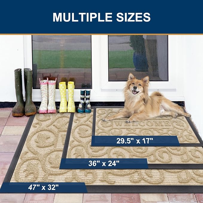 Smiry Welcome Door Mat Outside Entrance, Heavy Duty Trap Dirt and Moisture Easy Clean Low Profile Patio Porch Indoor Outdoor Front Doormat for Entry, 29.5x17 Inch, Beige