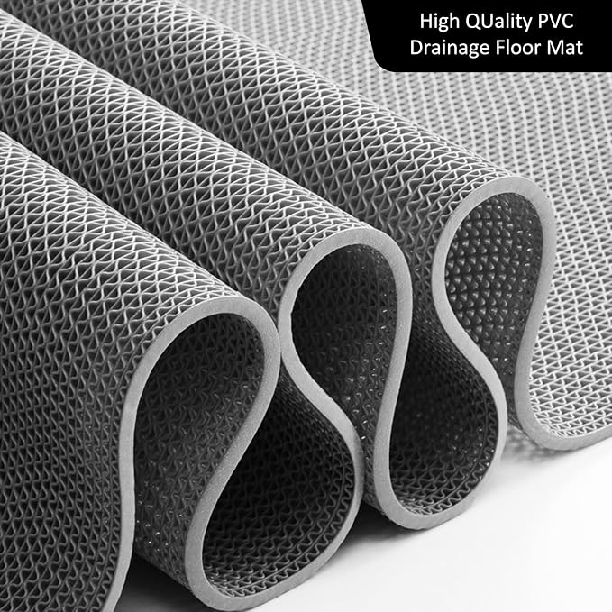 Drainage Mat 3x16 Ft 0.22” Thick PVC Commercial Floor Mat Non Slip Pool Mat S-Shaped Shower Floor Heavy Duty Roll for Wet Area Kitchen Hotels Bars Bathroom Patio Outdoor Indoor Rug (Gray, 3x16 Ft)