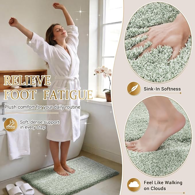 Yimobra Luxury Bathroom Rugs, Fluffy Bath Mats, Non Slip, Water Absorbent Microfiber, Machine Washable, Plush Runner Shower Rugs, Thick Matts for Bathroom Floor&Tub, 70" X 24", Light Green and White