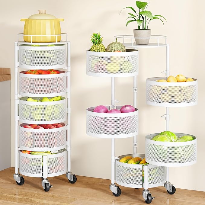 SAYZH Fruit Vegetable Basket for Kitchen, Rotating Storage Rack, 5 Tier Rolling Cart with top lid, Large Metal Wire Wheels (White)