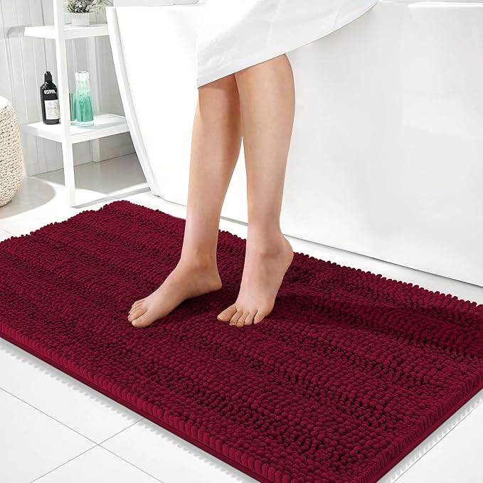 OLANLY Thick Bathroom Runner Rugs 44x24, Extra Absorbent Chenille Striped Bath Rugs, Rubber Backing, Machine Wash Dry, Long Bath Mats for Bathroom, Tub and Shower, Home Decor Accessories, Burgundy