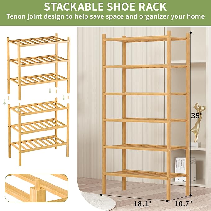 ROMGUAR CRAFT 6-Tier Bamboo Small Shoe Rack, Free Standing Wood Shoe Shelf Storage Organizer for Closet Entryway Stackable (Natural)
