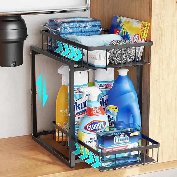iSPECLE Under Kitchen Sink Organizer - 2 Tier Pull Out Under Sink Storage for Centered Garbage Disposal, Reach Back Items Easily Adjustable Shelf Height Heavy Duty H-Frame for Bathroom Sink Bases