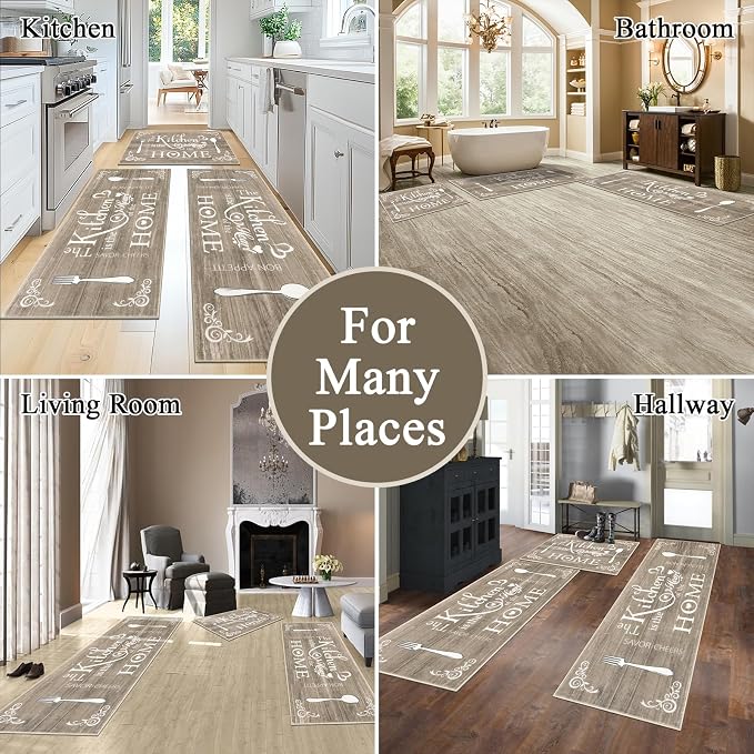 Vaukki Boho Kitchen Rug Sets 3 Pieces, Washable Kitchen Mats for Floor, Non Slip Soft Kitchen Area Rug Floor Mat for Kitchen, Laundry Room and Hallway (Dark Brown, 20''x32''+20''x47''+20''x59'')
