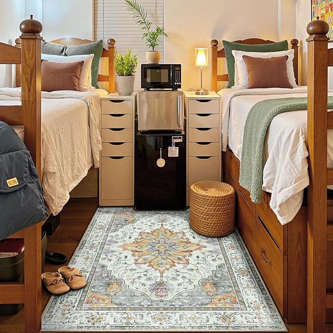 RELEANY Area Rugs 5'x7' Washable Non-Slip, Floral Vintage Distress Medallion Carpet for Living Room Bedroom Dining Room, Beige Carbon Grey Orange