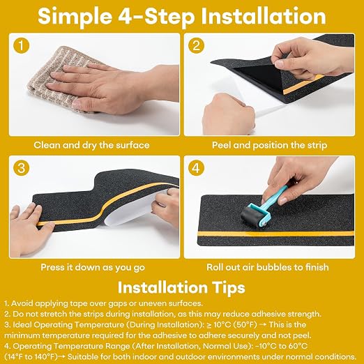 10 Pack Anti Slip Traction Treads with Reflective Stripe, 6” x 30” Grit Non Slip Waterproof Tape Pre-Cut Tape with Roller, High Traction Friction Abrasive Adhesive for Stairs Step, Black & Yellow