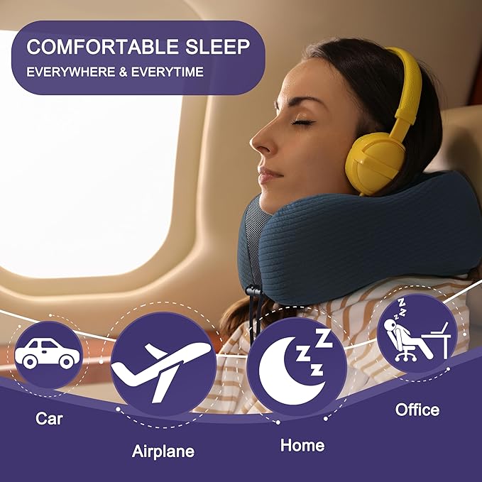 napfun Neck Pillow for Traveling, Upgraded Travel Neck Pillow for Airplane 100% Pure Memory Foam Travel Pillow for Flight Headrest Sleep, Portable Plane Accessories, Deep Blue