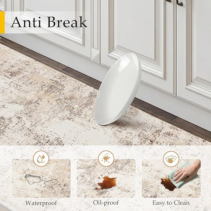 Kitchen Mats for Floor Anti Fatigue Waterproof Kitchen Rug Beige Grey Abstract Cushioned Non-Slip Kitchen Mats Comfort Standing Neutral Mat for Sink Laundry Office 17.3"×59"