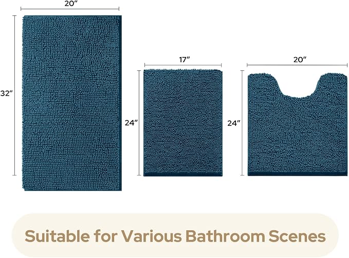 HOMEIDEAS 3 Pieces Bathroom Rugs, Extra Large Ultra Soft Non Slip Absorbent Chenille Toilet Bath Mat Set (Atlantic Blue)