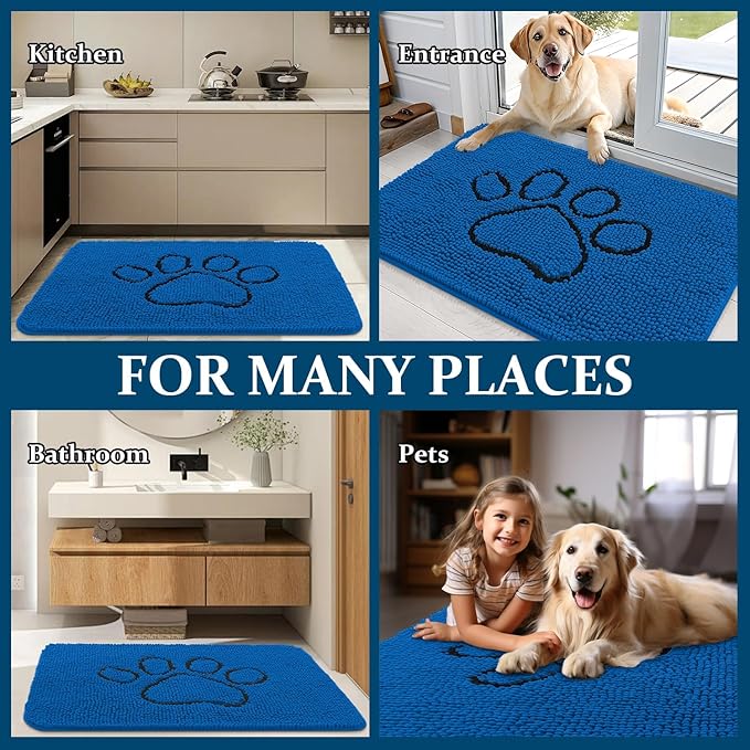 OLANLY Dog Door Mat for Muddy Paws 48x30, Paw Print Design, Absorbs Moisture and Dirt, Non-Slip Washable Doormat, Quick Dry Chenille Mud Mat for Dogs, Entry Indoor Entryway Carpet, Deep Navy Blue