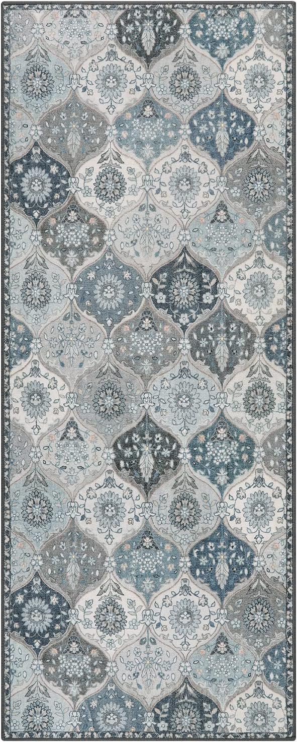 Lahome Moroccan Trellis Kitchen Runner Rug, 2x5 Washable Runners for Hallways Non Slip, Rubber Backing Ultra-Thin Vintage Carpet for Entryway Bedroom Bathroom Elise, Blue
