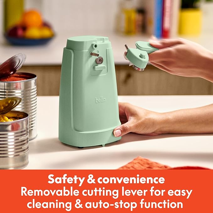 bella Electric Can Opener and Knife Sharpener, Removable Cutting Lever, Cord Storage, Stainless Steel Blade, Seaglass