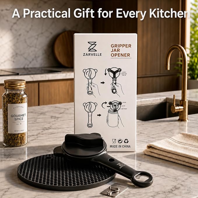 Jar Opener for Seniors with Arthritis, Easy Grip Adjustable Lid & Bottle Opener Set with Non-Slip Silicone Pad & Stainless Steel Hook, Black