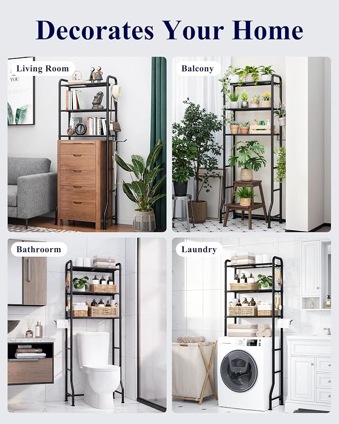 Kitsure Over Toilet Storage Rack - Metal Over Toilet Bathroom Organizer Shelf, Over the Toilet Storage Cabinet with Paper Holder and Hooks, Bathroom Cabinet for Laundry, Black, 3 Tiers (63.2" H)