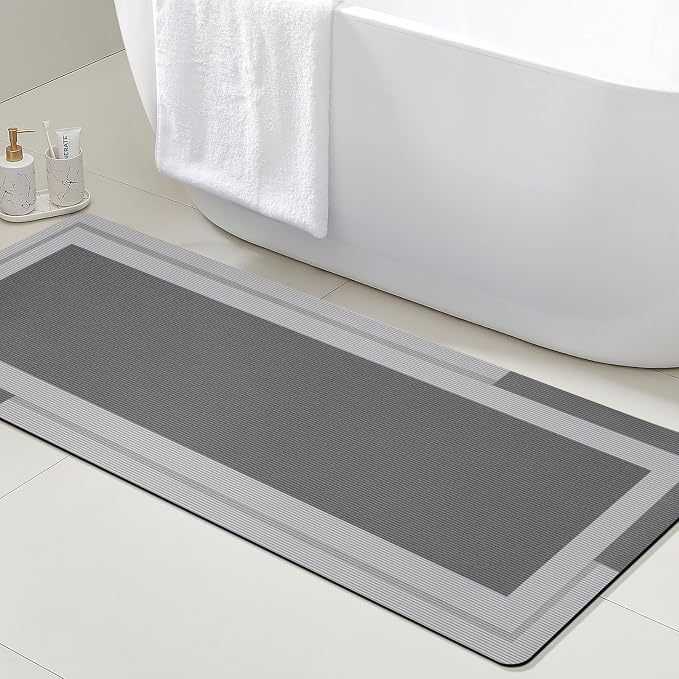 ACCUMTEK Non Slip Bath Mat, Thin Bathroom Rugs Fit Under Door, Quick Dry Bath Mats, Machine Washable Bath Rugs for Bathroom, Bathtub & Kitchen, Grey/Bordered/48 x20