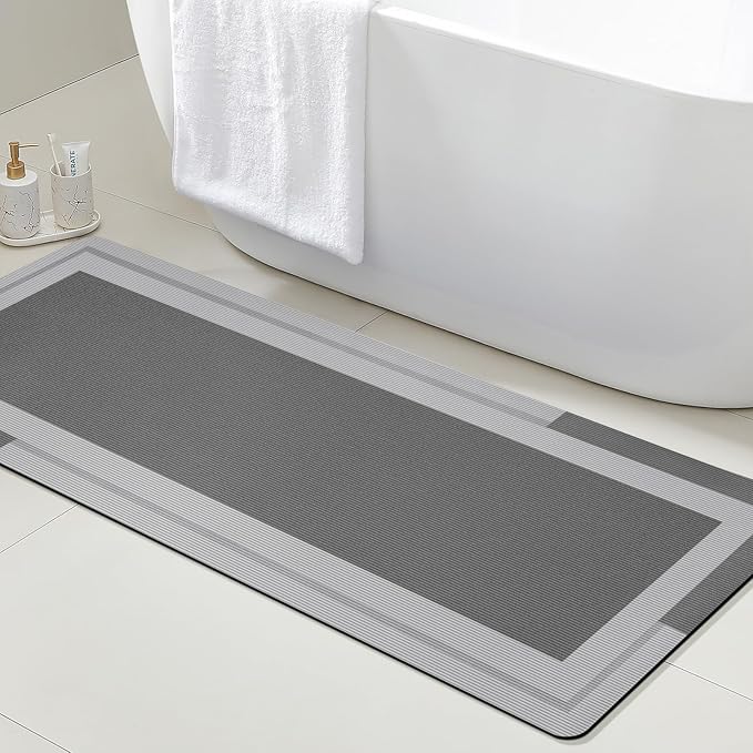 ACCUMTEK Non Slip Bath Mat, Thin Bathroom Rugs Fit Under Door, Quick Dry Bath Mats, Machine Washable Bath Rugs for Bathroom, Bathtub & Kitchen, Grey/Bordered/59 x20