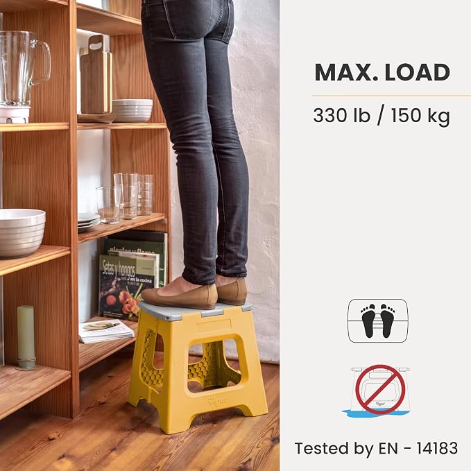 Vigar Compact Folding Step Stool - 12-1/2 Inch Foldable Step Stool for Adults, Lightweight Portable Stool with Handle, Non Slip Step Stool, Space-Saving Stool up to 330 lb - Spring Yellow