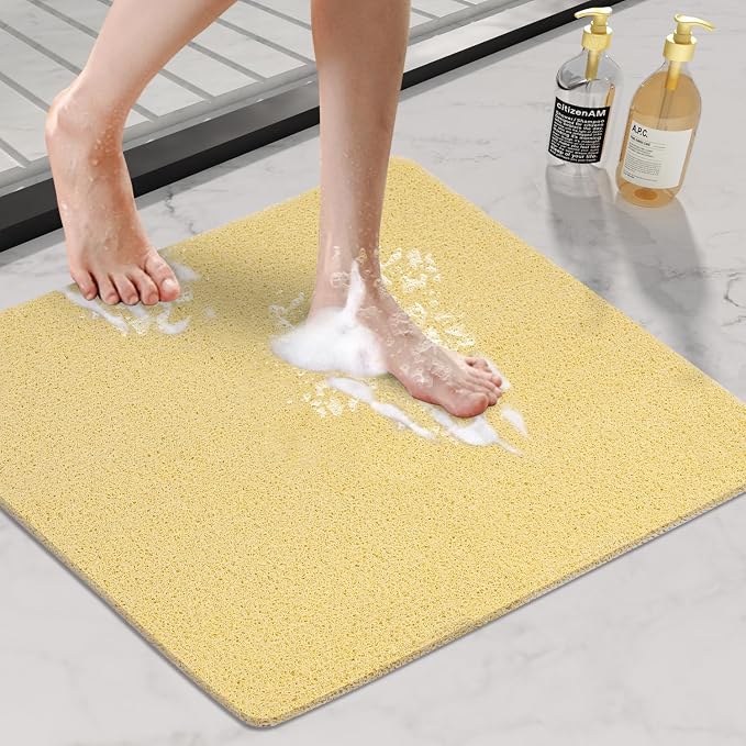 HITSLAM Non Slip Bathtub Mat 24 x 24 Inch, Extra Long Bath Mat for Tub, Soft PVC Loofah Shower Floor Mat with Drain, Quick Drying Bathroom Tub Mat for Wet Area, Without Suction Cup, Beige