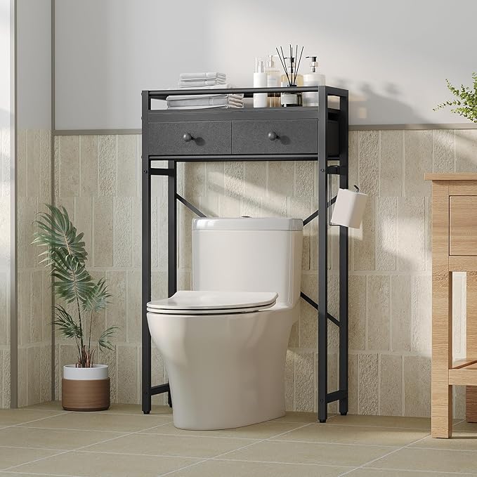 MAHANCRIS Over Toilet Storage, 2-Tier Bathroom Organizer Shelf with 2 Fabric Drawers and Toilet Paper Holder, Freestanding Above Toilet Rack for Small Spaces, Space-Saving, Black TSBK1101