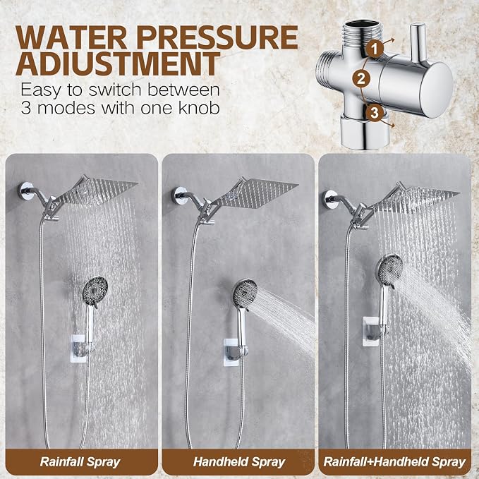 Shower Head,10”Rain Shower Head with Handheld Spray Combo and Adjustable Extension Arm/3-Way Flow Regulator/Shower System,High Pressure Rain Fall Hose,Chrome