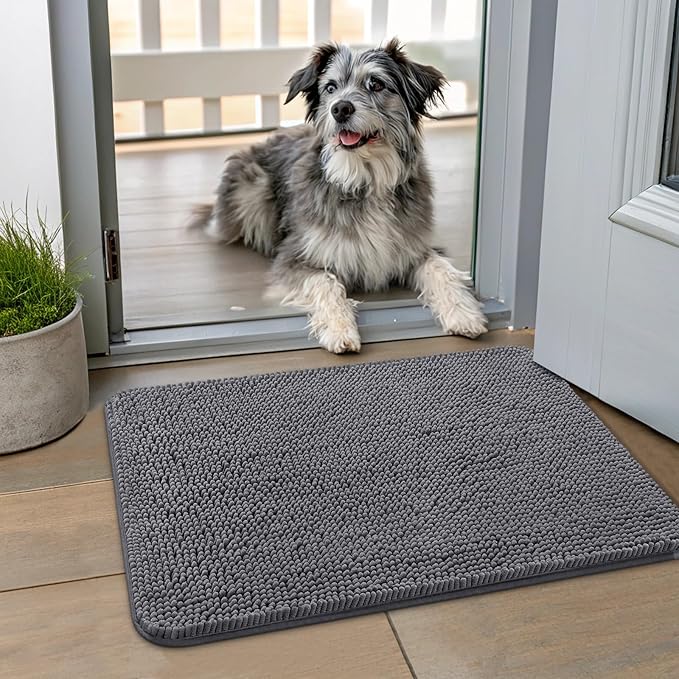 Smiry Dog Door Mat for Muddy Paws 24x16, Absorbent Dirt Trapper, Non-Slip Washable Chenille Entryway Rug for Inside Floor, Dark Grey, Classic Solid