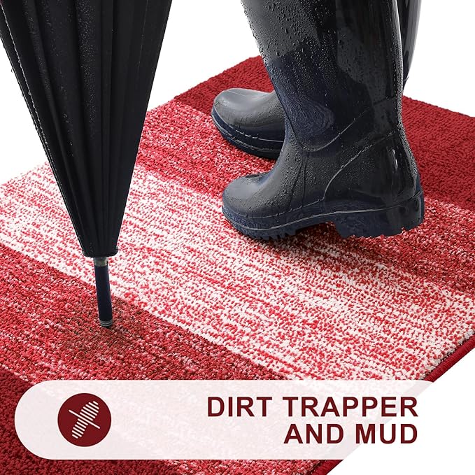 Kitinjoy Indoor Outdoor Door Mat, 54x24 Non-Slip Absorbent Dirt Trapper, Low-Profile Washable Inside Entrance Front Floor Mat, Sturdy Soft Entry Doormats for Entryway, Burgundy