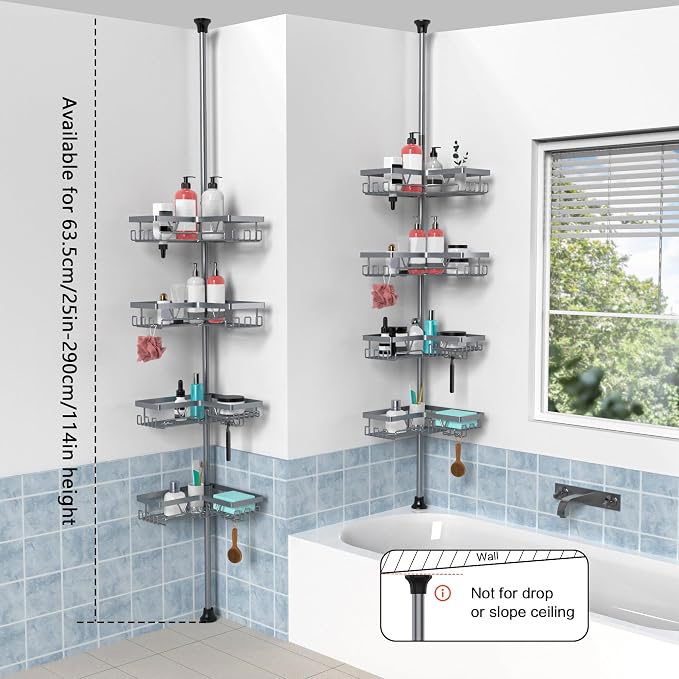 KEGII 4-Tier Corner Shower Caddy Tension Pole - Adjustable Shower Tension Rod Organizer, Floor to Ceiling Shower Caddy 25-114.2 inch, Shower Towel Rack Corner Waterproof, Light Gray