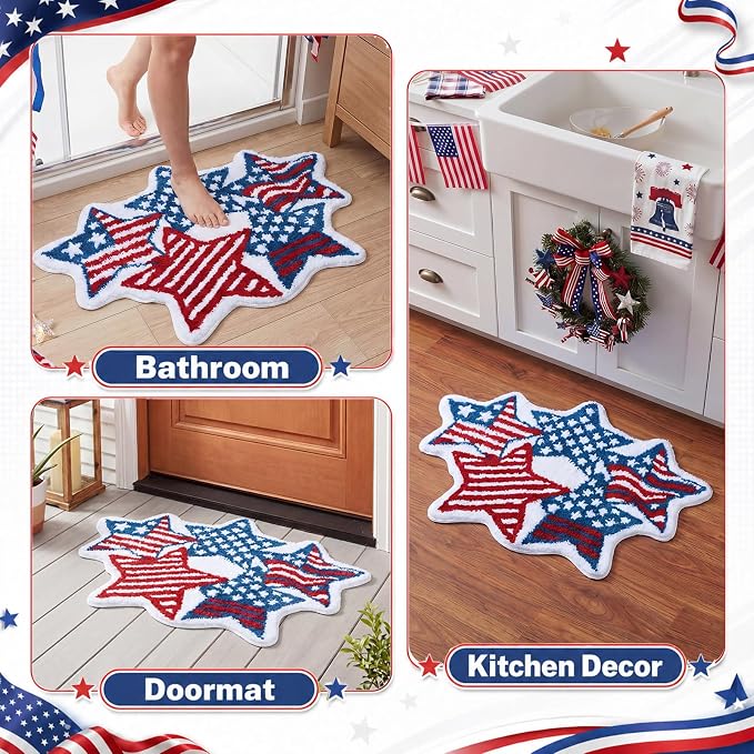 Capoda 1 Pcs Patriotic Bathroom Rug 24 x 35 Inch 4th of July Star Bath Mat Non-Slip Soft Microfiber Independence Day Rug for 4th of July Kitchen Home Bathroom Entrance Decor(Strip Star, Red Blue)