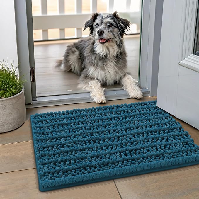 Smiry Dog Door Mat for Muddy Paws 24x16, Absorbent Dirt Trapper, Non-Slip Washable Chenille Entryway Rug for Inside Floor, Atlantic Blue, Layered Pattern