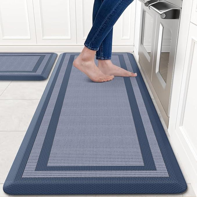 KitchenClouds [2 PCS Kitchen Rugs Cushioned Anti-Fatigue Kitchen Mats for Floor Waterproof Kitchen Rug Set Non-Slip Comfort Standing Mat for Office, Sink, Laundry 20"×30"+20"×47",Blue