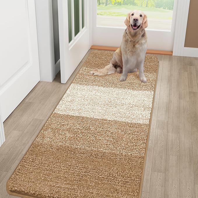 Kitinjoy Indoor Outdoor Door Mat, 48x30 Non-Slip Absorbent Dirt Trapper, Low-Profile Washable Inside Entrance Front Floor Mat, Sturdy Soft Entry Doormats for Entryway, Camel