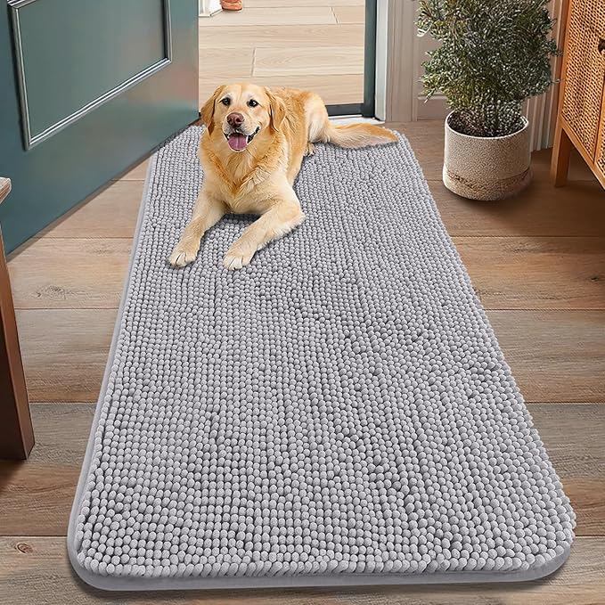 Smiry Dog Door Mat for Muddy Paws 48x30, Absorbent Dirt Trapper, Non-Slip Washable Chenille Entryway Rug for Inside Floor, Light Grey, Classic Solid