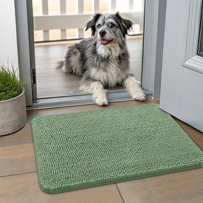 Smiry Dog Door Mat for Muddy Paws 24x16, Absorbent Dirt Trapper, Non-Slip Washable Chenille Entryway Rug for Inside Floor, Olive Green, Classic Solid