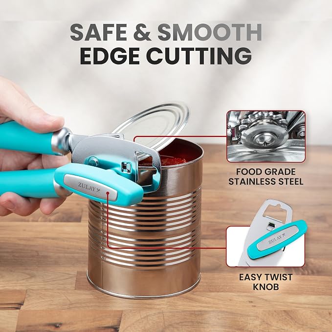 Zulay Kitchen Heavy Duty Stainless Steel Can Opener Manual with Bottle Opener - Rust Proof Manual Can Opener With Turn Knob & Comfy Soft Grip Handles - Turquoise