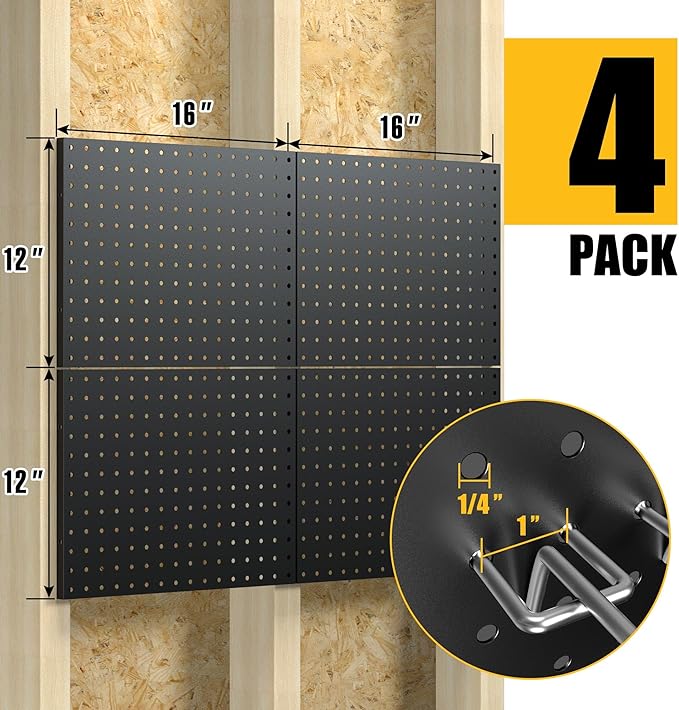 Spampur Peg Board, 4 Pack Metal Pegboard Panels with 50 Hooks, Black Pegboards Wall Organizer, Heavy Duty Peg Board for Walls Home, Garage Tool Storage, Office Organization, Craft Room, Kitchen