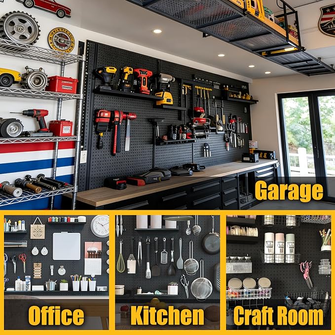 Spampur Peg Board, 6 Pack Metal Pegboard Panels Black Pegboards Wall Organizer with 50 Hooks, Heavy Duty Peg Board for Walls Home, Garage Tool Storage, Office Organization, Craft Room, Kitchen