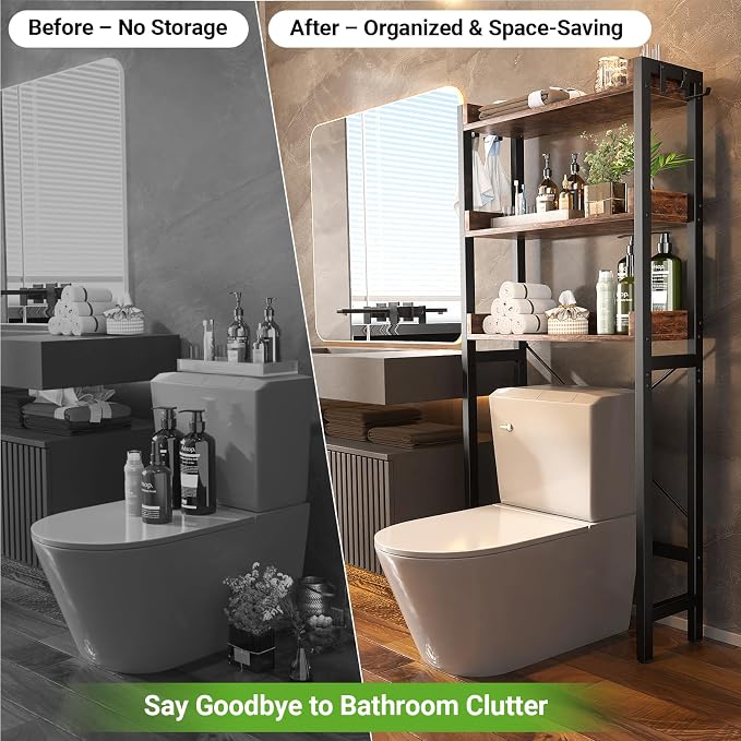 Besiost Over The Toilet Storage Rack - 3 Tier Bathroom Organizer with Shelves, Freestanding Space Saver Storage Rack Above Toilet Stand with 4 Hooks for Restroom, Laundry, Rustic Brown