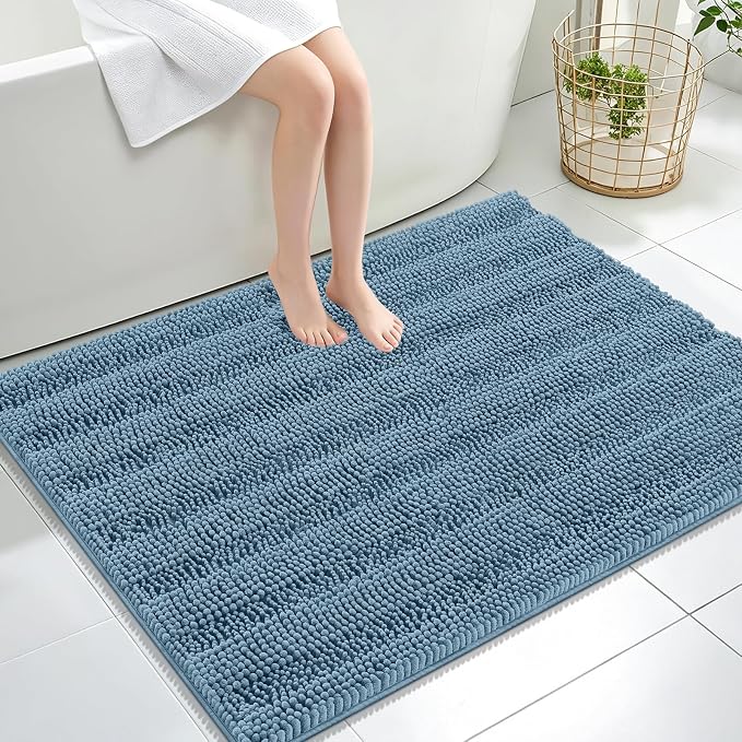 OLANLY Thick Large Bathroom Rugs 40x32, Extra Soft Absorbent Chenille Striped Bath Rugs, Rubber Backing, Machine Wash, Bath Mats for Bathroom Floor, Tub and Shower, Home Decor Accessories, Airy Blue