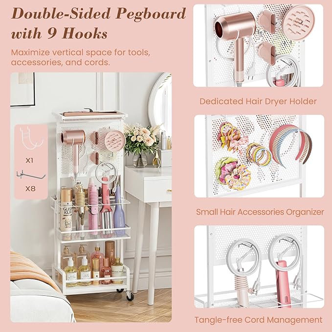 Hair Tool Organizer Cart with Hair Dryer Holder, Narrow Bathroom Storage Cart for Curling Flat Iron & Hot Tools, Slim Hair Appliance Organizer for Vanity Styling Tools, Salon Cart with Tray on Wheels