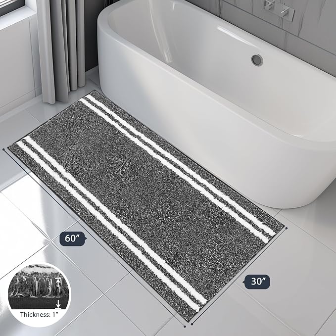PURRUGS Bathroom Rug Non-Slip Machine Washable 30" x 60", Super Absorbent and Quick Dry Shaggy Microfiber Bath Mat, Extra Soft and Plush Bath Rug for Bathtub, Shower, and Sink, Charcoal