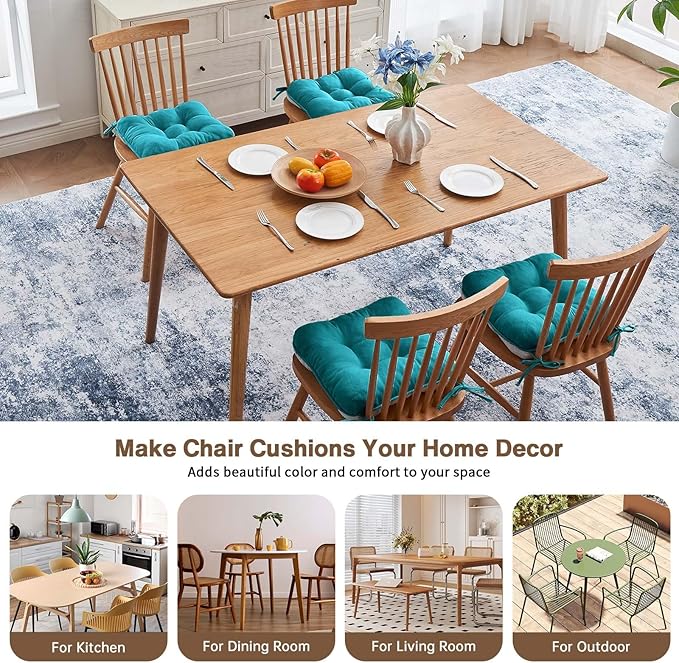 BETU Chair Cushions for Dining Chairs Set of 4,3.5" Thick Kitchen Table Chair Pads with Ties,Non Slip Backing and Covers, Seat Cushion for Dining Room,Bar,Patio Chairs,15.5"X15.5"X3.5",Teal