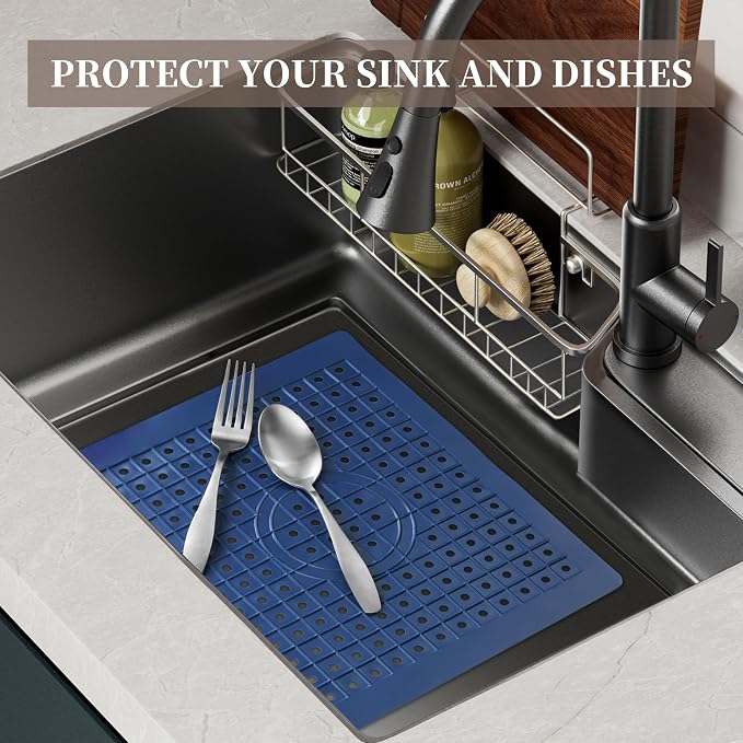 WILLKOMMEN Kitchen Sink Mat, 12" x 10" Dish Drying Mat, Rectangular Sink Protector Mats for Bottom of Kitchen Sink, Fast Draining Sink Mats Grid, 2 Pack Dark Blue