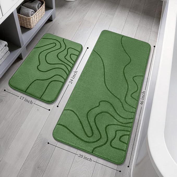 YIHOUSE Memory Foam Bathroom Rugs Sets 2 Piece - Extra Thick Ultra Soft Absorbent Bath Mat Set, Non-Slip Machine Washable Bath Rugs for Bathroom, Tub & Shower, Home Decor (17"x24"+20"x46",Olive Green)